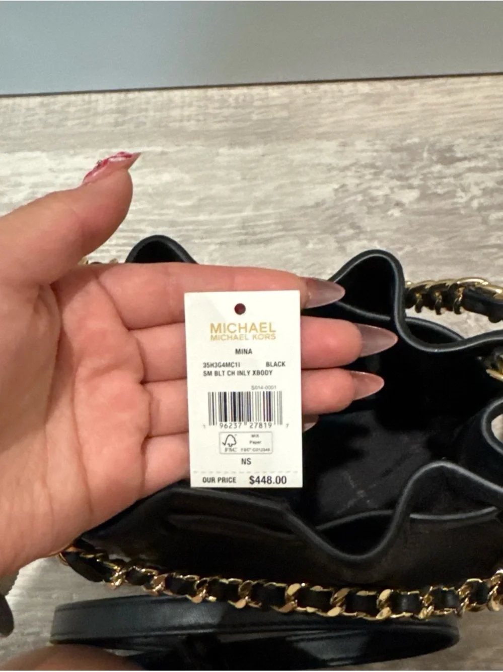 Michael Kors Black Leather Mini Chain Tote with Gold Hardware